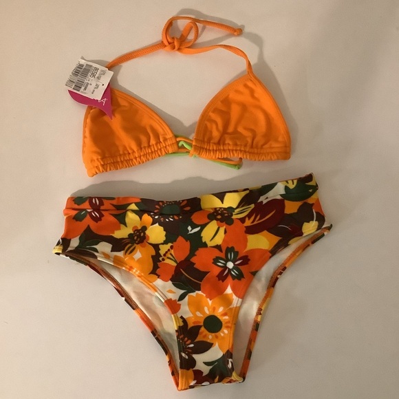 Recco Size M Brazilian Orange Adjustable Top & Tropical Print Bikini Bottom. New - Picture 1 of 7